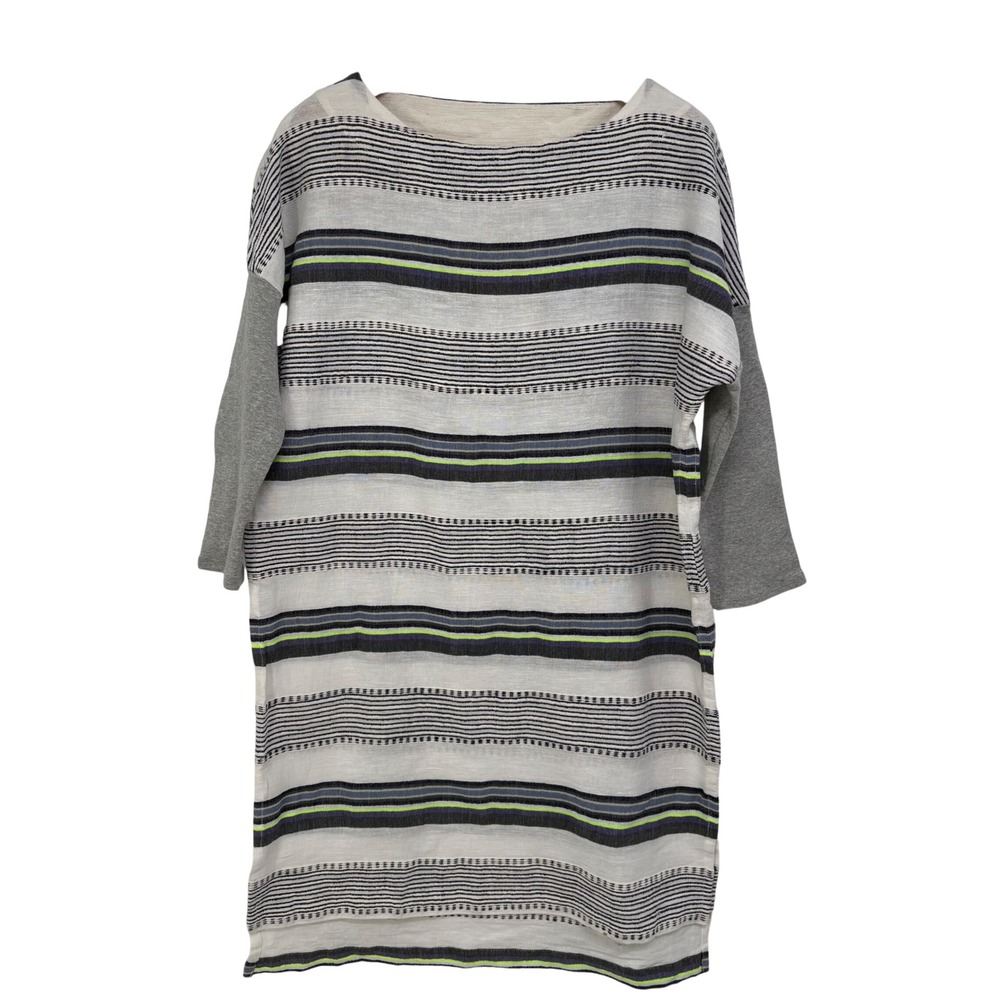 Lemlem Handwoven Striped Cotton Blend T-Shirt Dress Grey White Neon S NEW‎